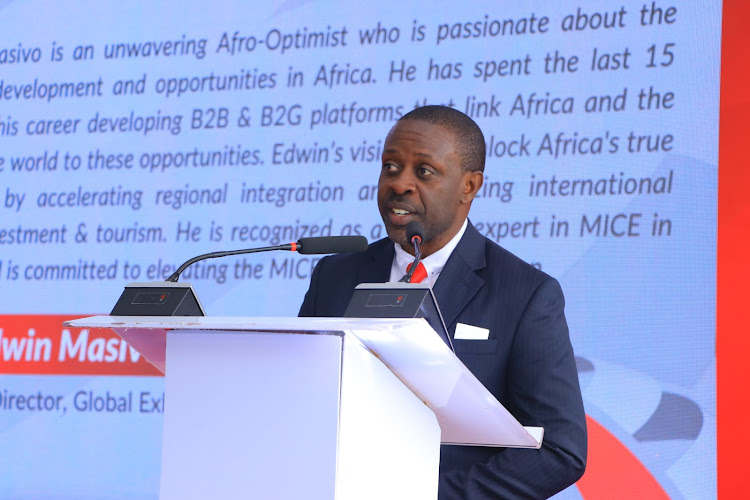 Country director Global Exhibitions Incorporated Limited Edwin Masivo addressing congregations during the opening of China trade week at KICC Nairobi on November 15, 2023
